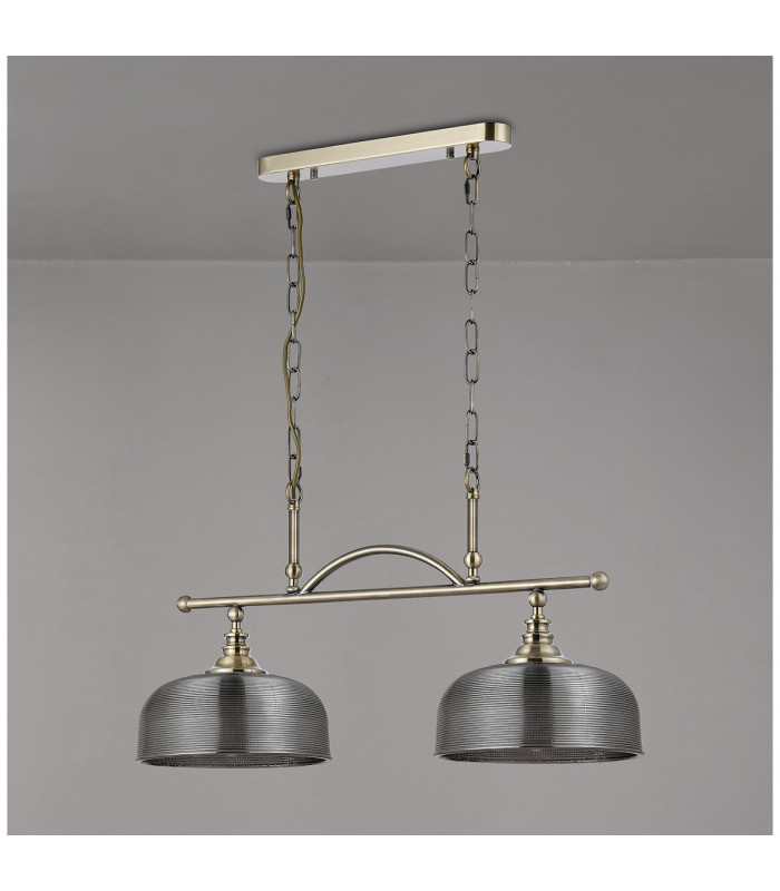 DeRuyter Semi Flush/Pendant Bar 2 Light Adjustable E27 Antique Brass/Smoke Glass-12