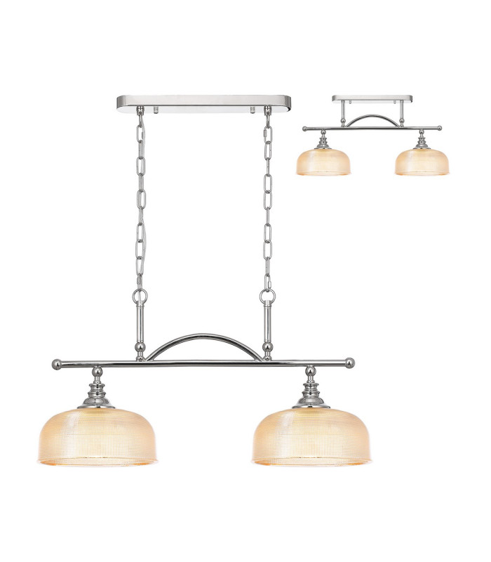 DeRuyter Semi Flush/Pendant Bar 2 Light Adjustable E27 Polished Nickel/Amber Glass-1