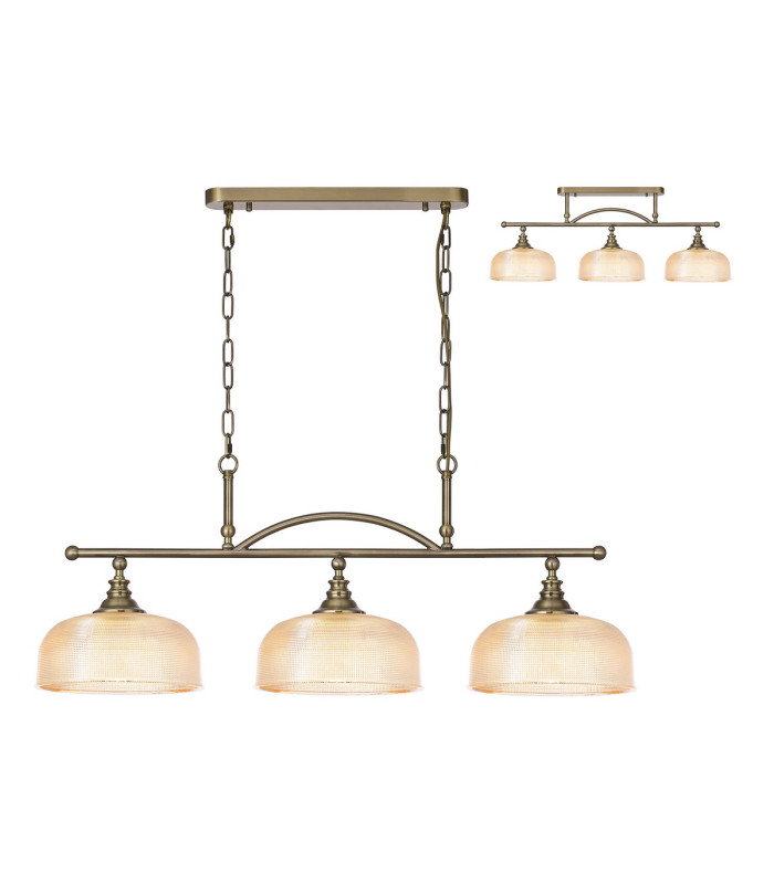 DeRuyter Semi Flush/Pendant Bar 3 Light Adjustable E27 Antique Brass/Amber Glass-1