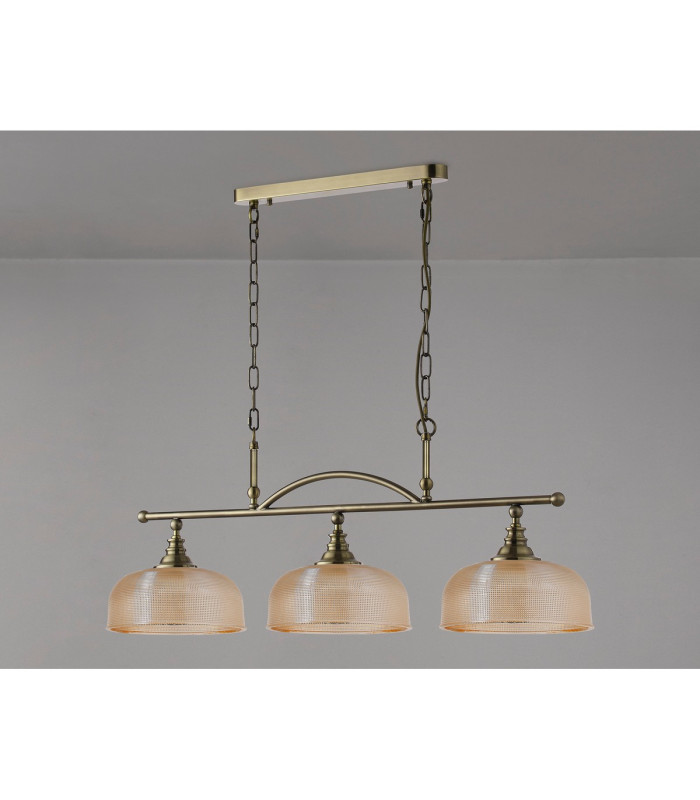 DeRuyter Semi Flush/Pendant Bar 3 Light Adjustable E27 Antique Brass/Amber Glass-12