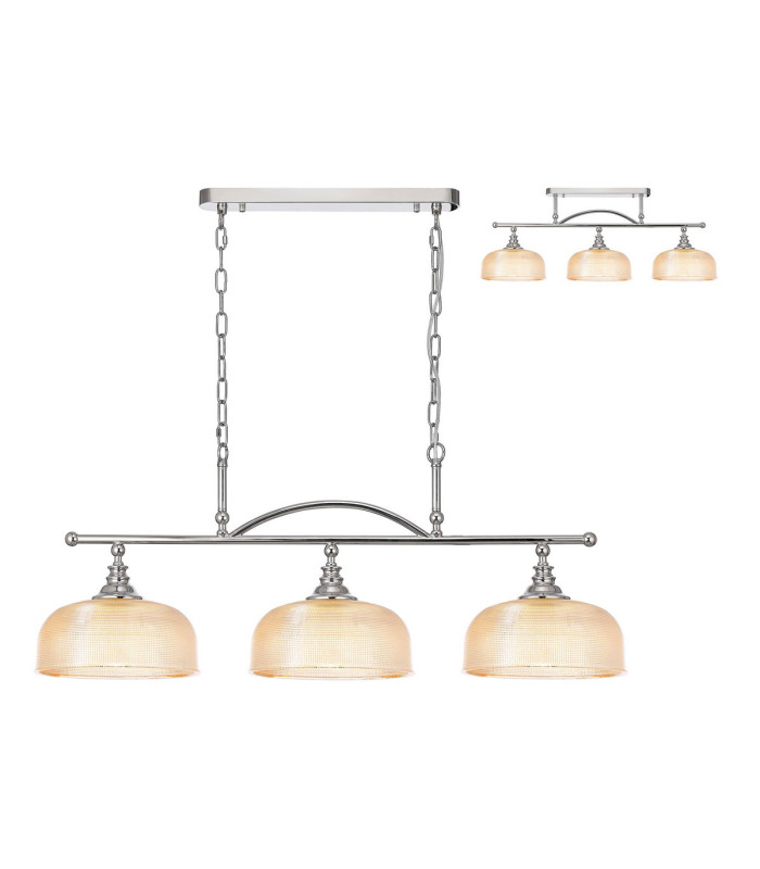 DeRuyter Semi Flush/Pendant Bar 3 Light Adjustable E27 Polished Nickel/Amber Glass-1