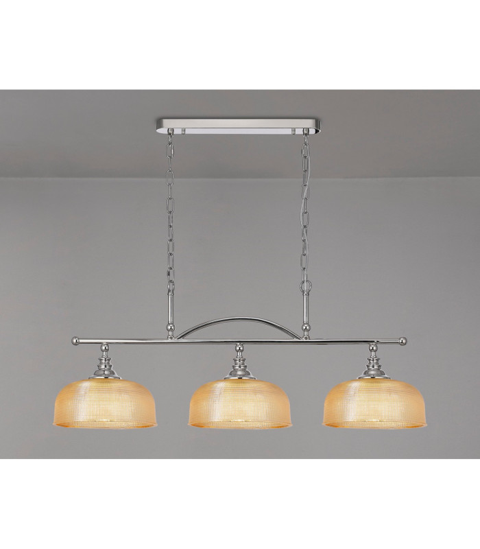 DeRuyter Semi Flush/Pendant Bar 3 Light Adjustable E27 Polished Nickel/Amber Glass-3