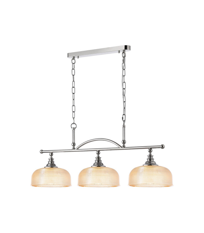 DeRuyter Semi Flush/Pendant Bar 3 Light Adjustable E27 Polished Nickel/Amber Glass-5