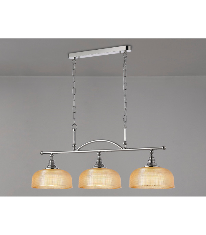 DeRuyter Semi Flush/Pendant Bar 3 Light Adjustable E27 Polished Nickel/Amber Glass-11