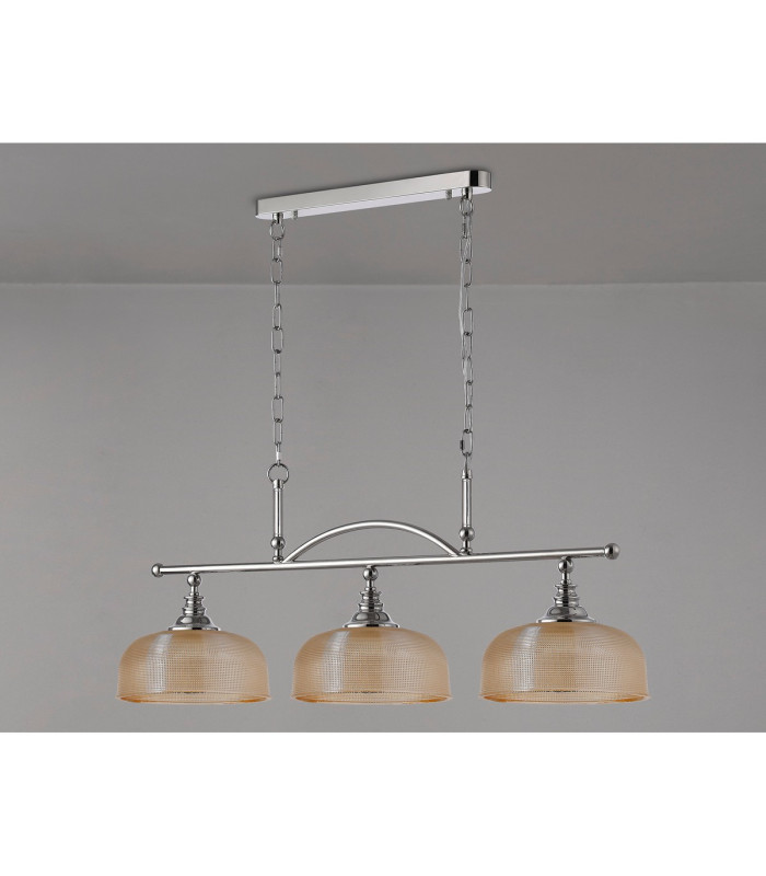 DeRuyter Semi Flush/Pendant Bar 3 Light Adjustable E27 Polished Nickel/Amber Glass-12