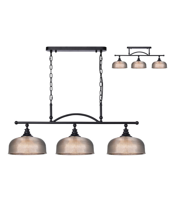DeRuyter Semi Flush/Pendant Bar 3 Light Adjustable E27 Satin Black/Smoke Glass-1