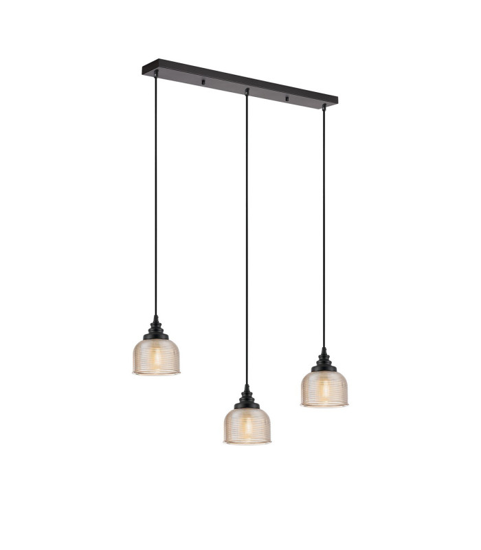 DeRuyter 3 Light Linear Pendant E27 Satin Black/Prismatic Dome Glass Amber-5