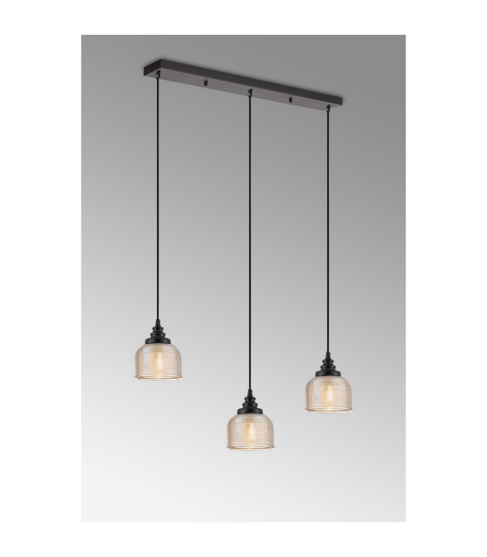 DeRuyter 3 Light Linear Pendant E27 Satin Black/Prismatic Dome Glass Amber-10