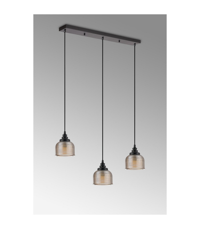 DeRuyter 3 Light Linear Pendant E27 Satin Black/Prismatic Dome Glass Amber-11