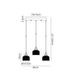 DeRuyter 3 Light Linear Pendant E27 Satin Black/Prismatic Dome Glass Clear-2