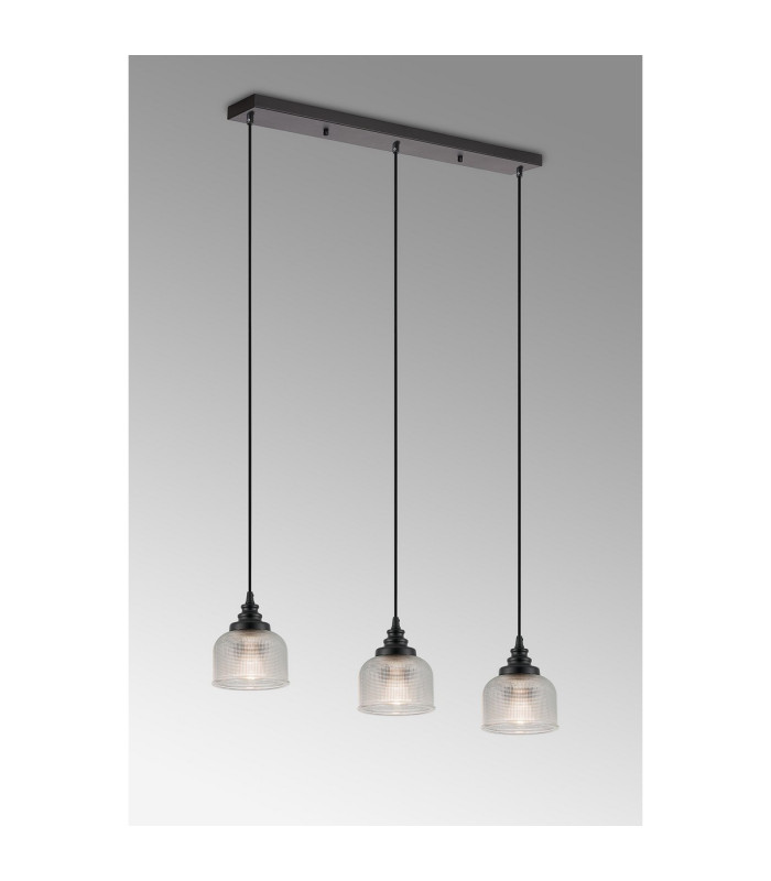 DeRuyter 3 Light Linear Pendant E27 Satin Black/Prismatic Dome Glass Clear-3