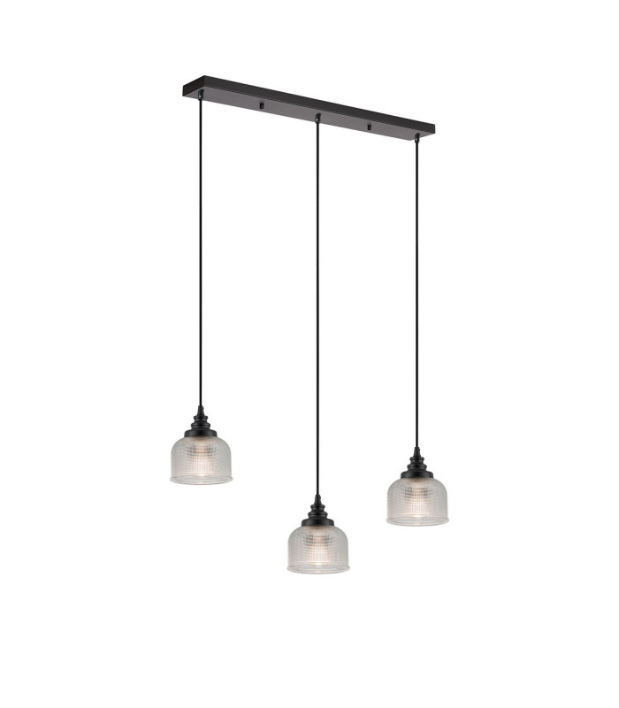 DeRuyter 3 Light Linear Pendant E27 Satin Black/Prismatic Dome Glass Clear-5