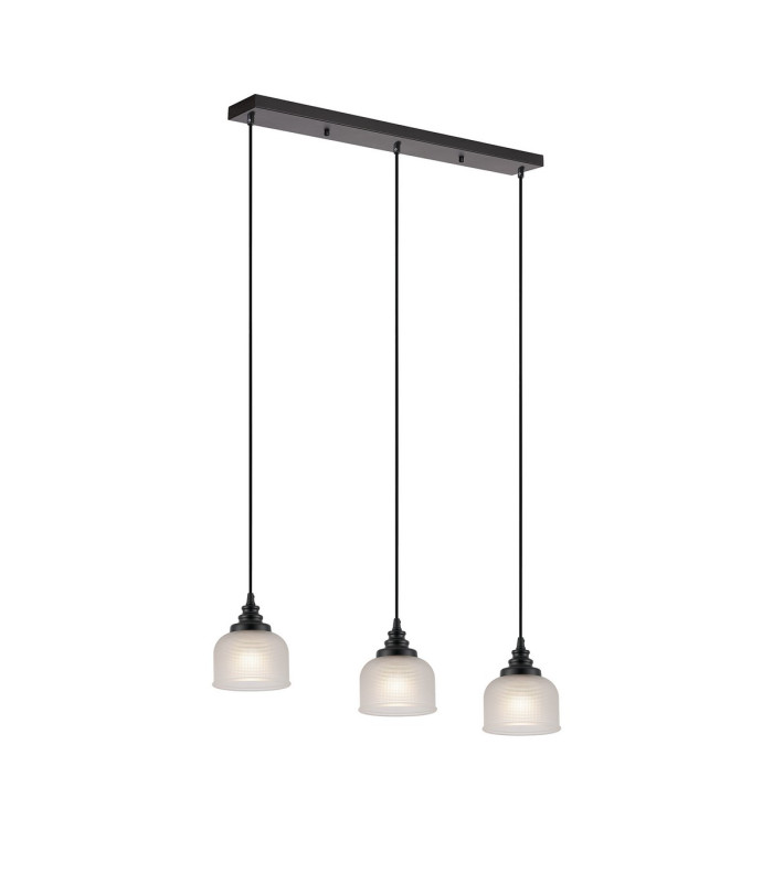 DeRuyter 3 Light Linear Pendant E27 Satin Black/Prismatic Dome Glass Frosted-1