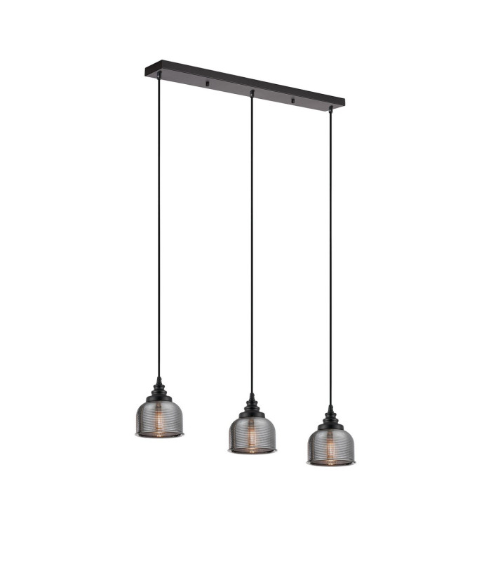 DeRuyter 3 Light Linear Pendant E27 Satin Black/Prismatic Dome Glass Smoke-1