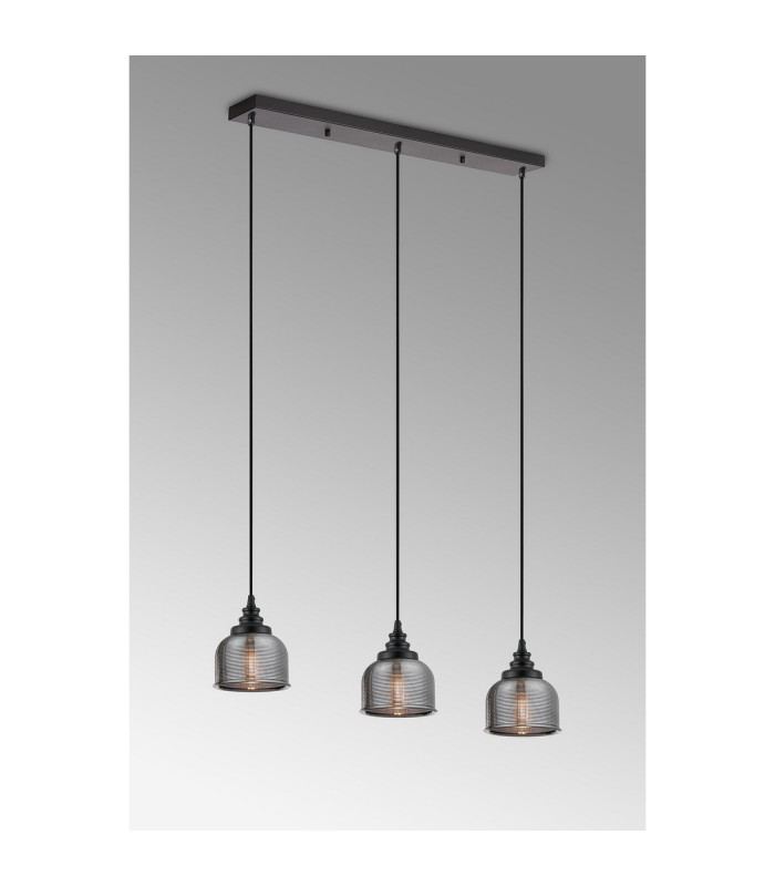 DeRuyter 3 Light Linear Pendant E27 Satin Black/Prismatic Dome Glass Smoke-3