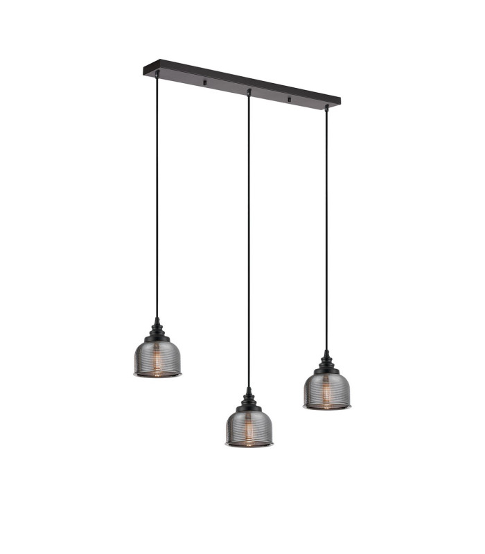 DeRuyter 3 Light Linear Pendant E27 Satin Black/Prismatic Dome Glass Smoke-5
