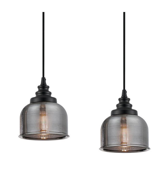 DeRuyter 3 Light Linear Pendant E27 Satin Black/Prismatic Dome Glass Smoke-7