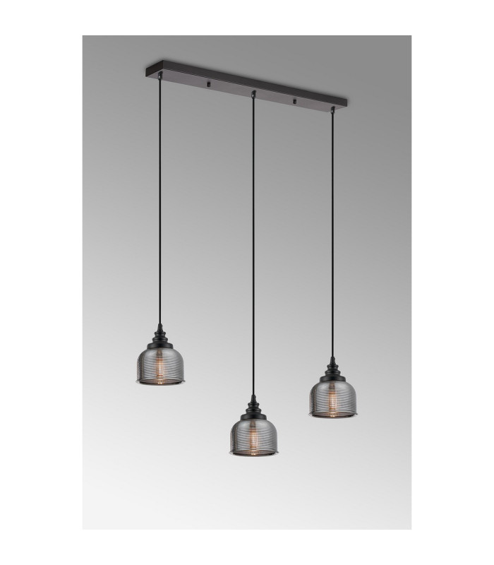 DeRuyter 3 Light Linear Pendant E27 Satin Black/Prismatic Dome Glass Smoke-10