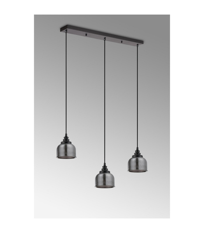 DeRuyter 3 Light Linear Pendant E27 Satin Black/Prismatic Dome Glass Smoke-11