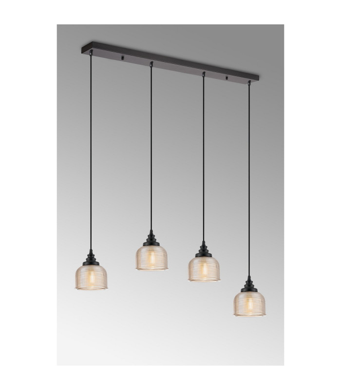 DeRuyter 4 Light Linear Pendant E27 Satin Black/Prismatic Dome Glass Amber-10