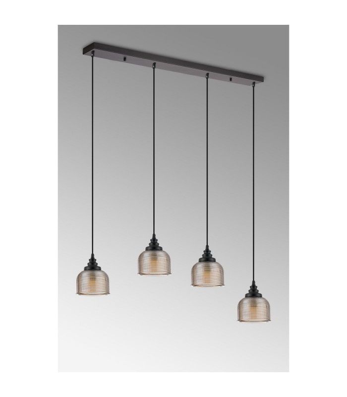 DeRuyter 4 Light Linear Pendant E27 Satin Black/Prismatic Dome Glass Amber-11