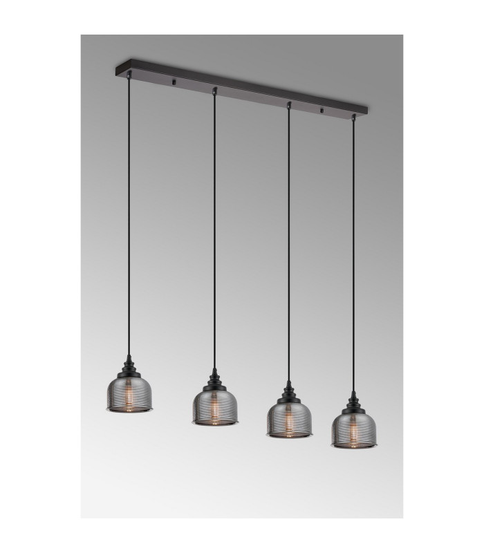 DeRuyter 4 Light Linear Pendant E27 Satin Black/Prismatic Dome Glass Smoke-3