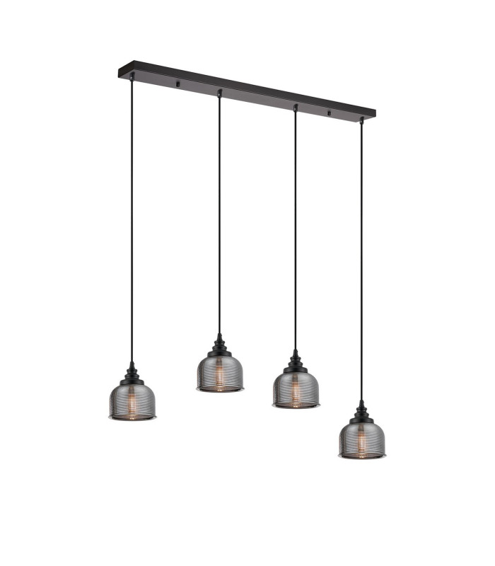 DeRuyter 4 Light Linear Pendant E27 Satin Black/Prismatic Dome Glass Smoke-5