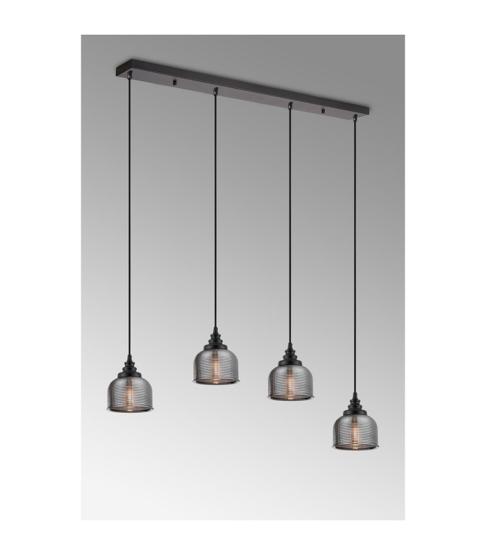 DeRuyter 4 Light Linear Pendant E27 Satin Black/Prismatic Dome Glass Smoke-10