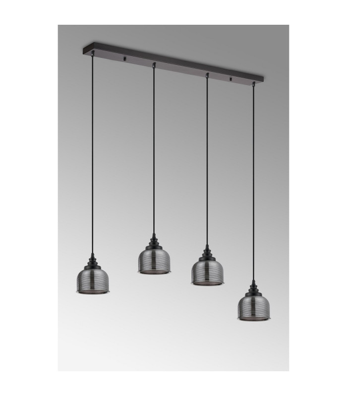 DeRuyter 4 Light Linear Pendant E27 Satin Black/Prismatic Dome Glass Smoke-11