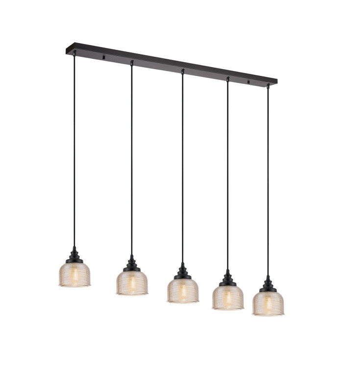DeRuyter 5 Light Linear Pendant E27 Satin Black/Prismatic Dome Glass Amber-1