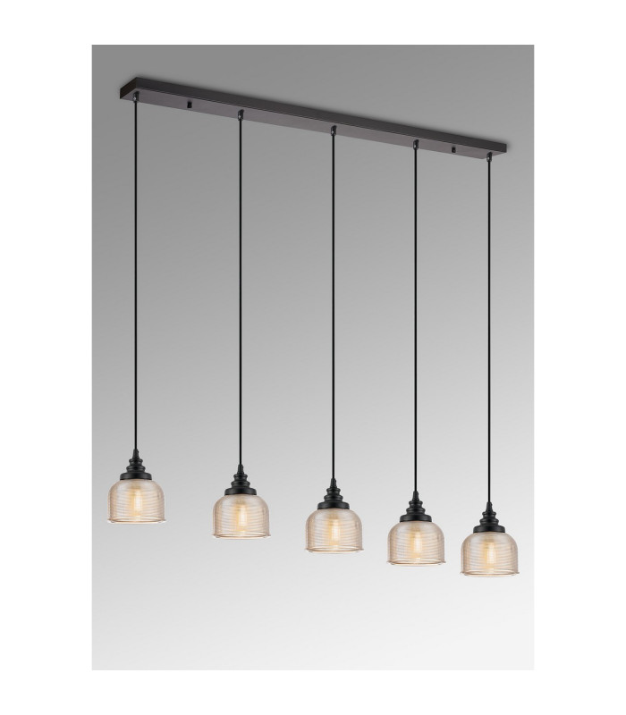DeRuyter 5 Light Linear Pendant E27 Satin Black/Prismatic Dome Glass Amber-3