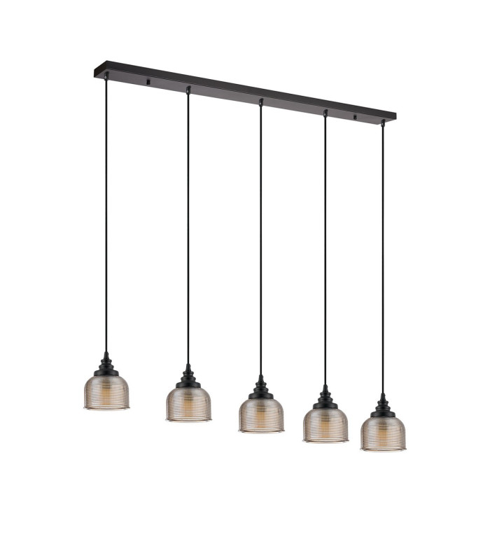 DeRuyter 5 Light Linear Pendant E27 Satin Black/Prismatic Dome Glass Amber-4