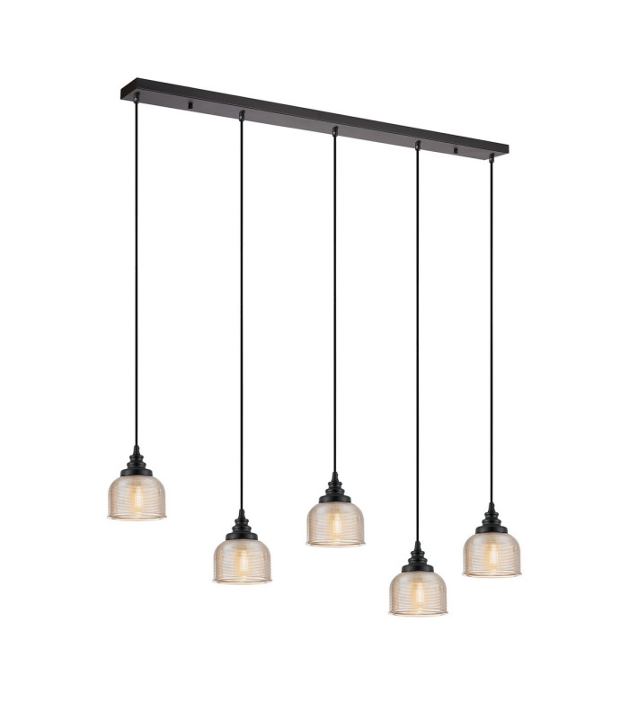 DeRuyter 5 Light Linear Pendant E27 Satin Black/Prismatic Dome Glass Amber-5