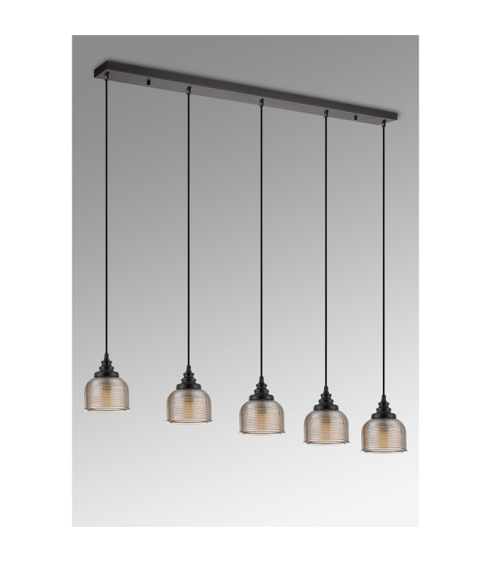 DeRuyter 5 Light Linear Pendant E27 Satin Black/Prismatic Dome Glass Amber-9