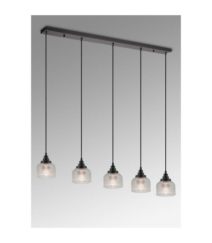 DeRuyter 5 Light Linear Pendant E27 Satin Black/Prismatic Dome Glass Clear-3
