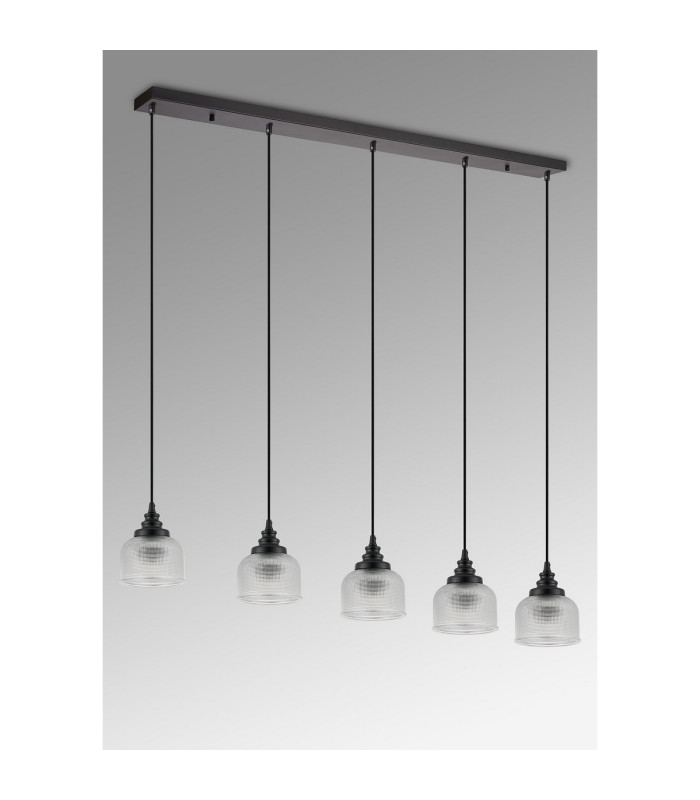 DeRuyter 5 Light Linear Pendant E27 Satin Black/Prismatic Dome Glass Clear-9