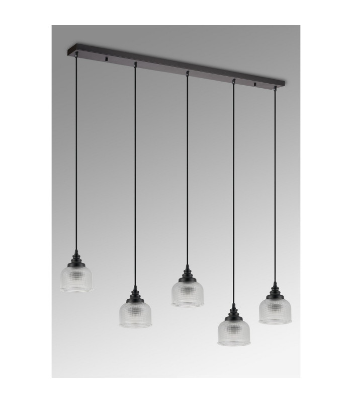 DeRuyter 5 Light Linear Pendant E27 Satin Black/Prismatic Dome Glass Clear-11
