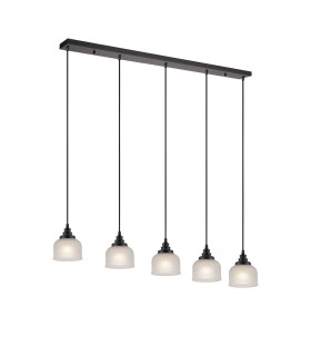 DeRuyter 5 Light Linear Pendant E27 Satin Black/Prismatic Dome Glass Frosted-1