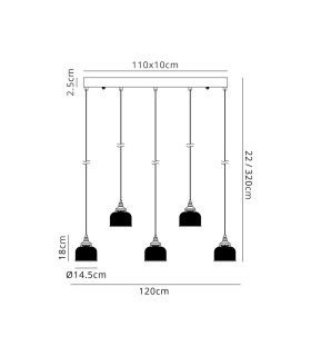 DeRuyter 5 Light Linear Pendant E27 Satin Black/Prismatic Dome Glass Frosted-2