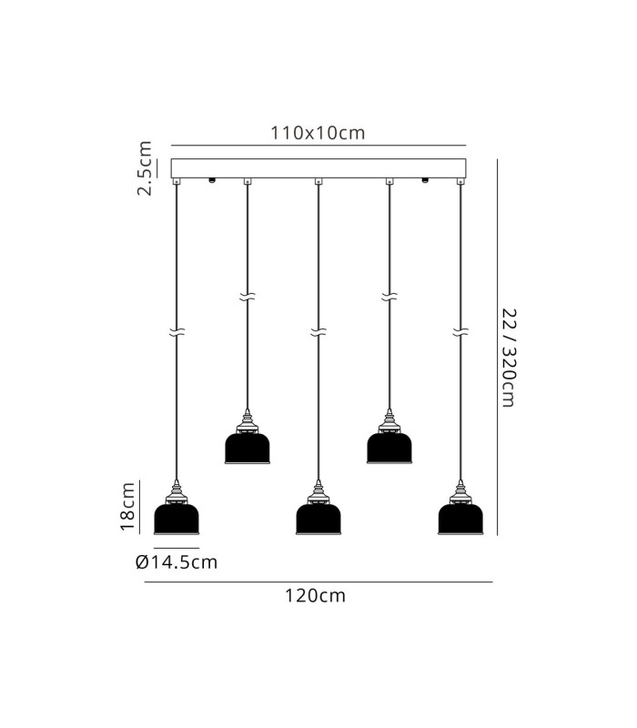 DeRuyter 5 Light Linear Pendant E27 Satin Black/Prismatic Dome Glass Frosted-2