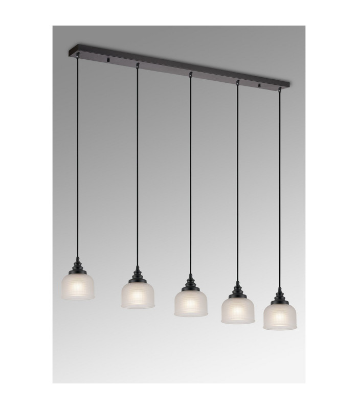 DeRuyter 5 Light Linear Pendant E27 Satin Black/Prismatic Dome Glass Frosted-3