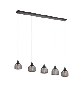 DeRuyter 5 Light Linear Pendant E27 Satin Black/Prismatic Dome Glass Smoke-1