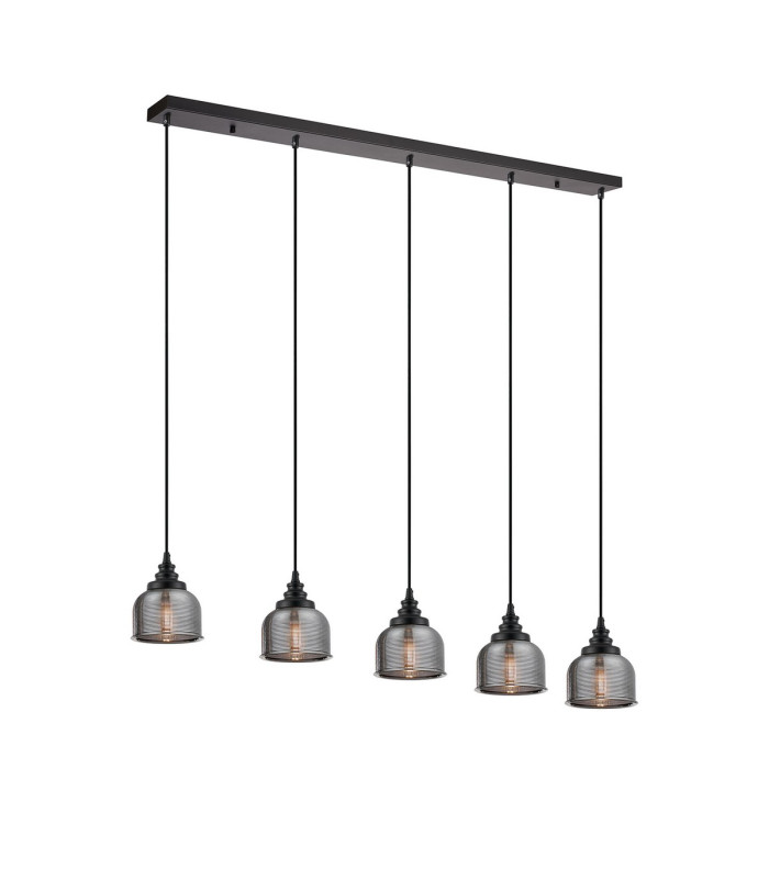 DeRuyter 5 Light Linear Pendant E27 Satin Black/Prismatic Dome Glass Smoke-1