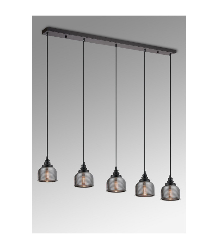 DeRuyter 5 Light Linear Pendant E27 Satin Black/Prismatic Dome Glass Smoke-3