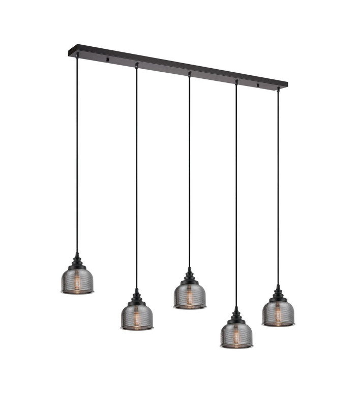 DeRuyter 5 Light Linear Pendant E27 Satin Black/Prismatic Dome Glass Smoke-5