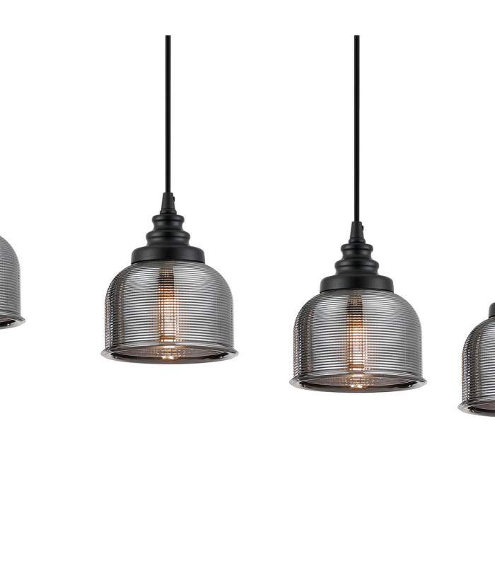 DeRuyter 5 Light Linear Pendant E27 Satin Black/Prismatic Dome Glass Smoke-7