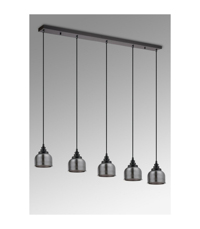 DeRuyter 5 Light Linear Pendant E27 Satin Black/Prismatic Dome Glass Smoke-9