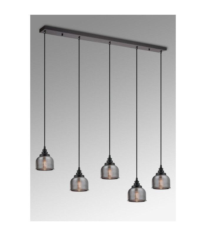 DeRuyter 5 Light Linear Pendant E27 Satin Black/Prismatic Dome Glass Smoke-10