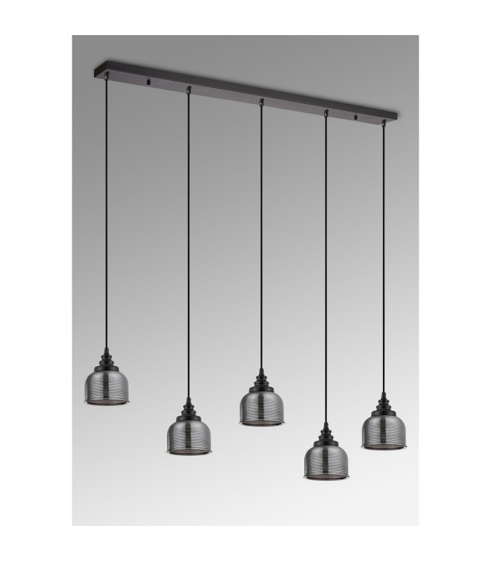 DeRuyter 5 Light Linear Pendant E27 Satin Black/Prismatic Dome Glass Smoke-11