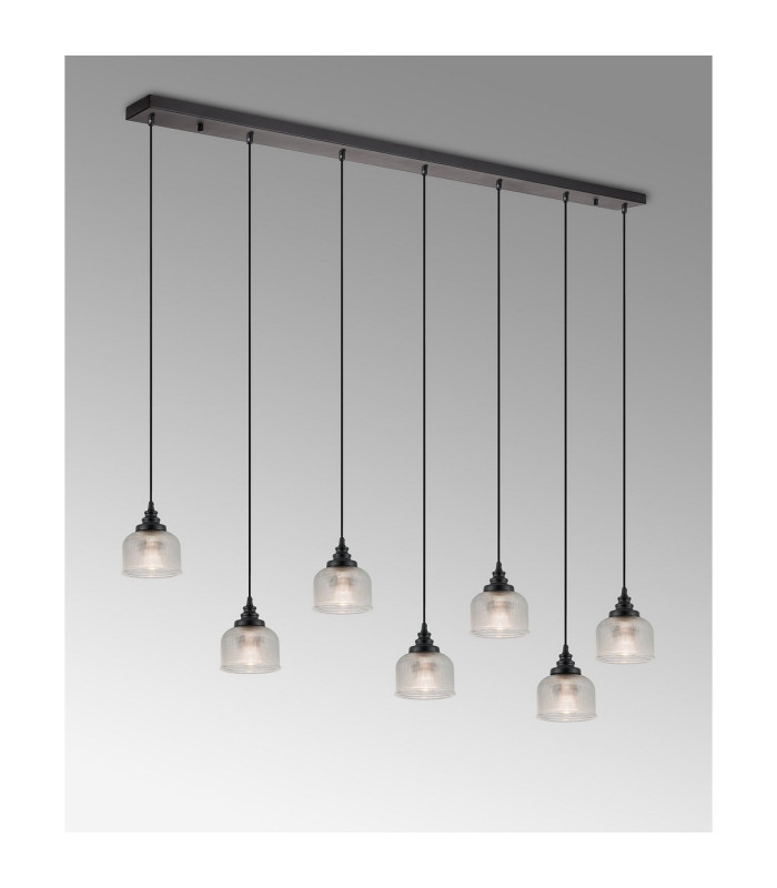 DeRuyter 7 Light Linear Pendant E27 Satin Black/Prismatic Dome Glass Clear-3